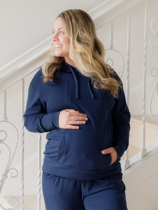 Front view of model wearing the Bamboo Maternity & Nursing Hoodie in Navy @model_info:Erin is wearing a Medium.