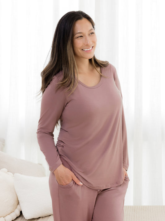 3/4 view of model wearing the Bamboo Maternity & Nursing Long Sleeve T-shirt in Twilight @model_info:Joy is wearing a Medium.