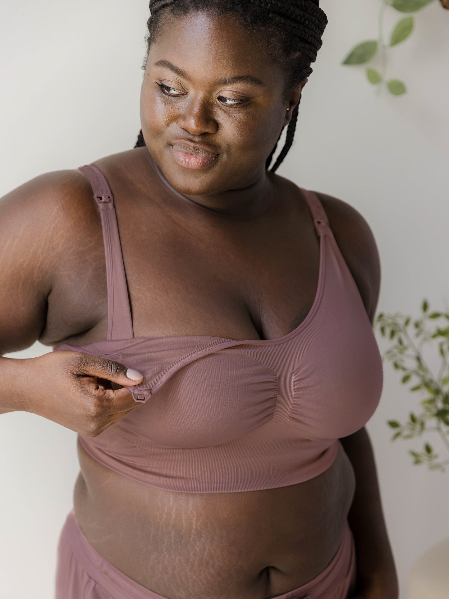 Model wearing the Simply Sublime® Nursing Bra in Twilight, showing nursing access.