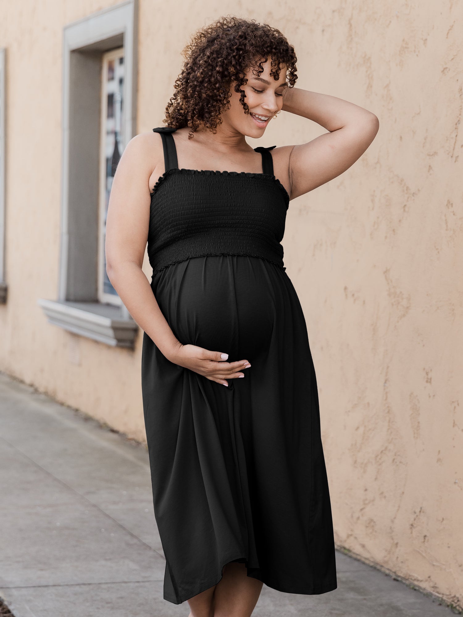 Kindred Bravely Sienna Smocked Midi Maternity Nursing Dress in Black