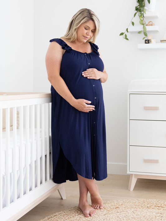 Ruffle Strap Labor & Delivery Gown | Navy-Gowns-Kindred Bravely @model_info:Katie is wearing an XL/1X.