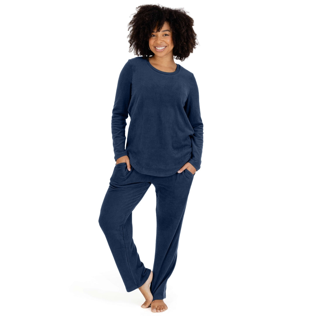 Full body view of a model wearing the Fleece Nursing & Maternity Pajama Set in Navy