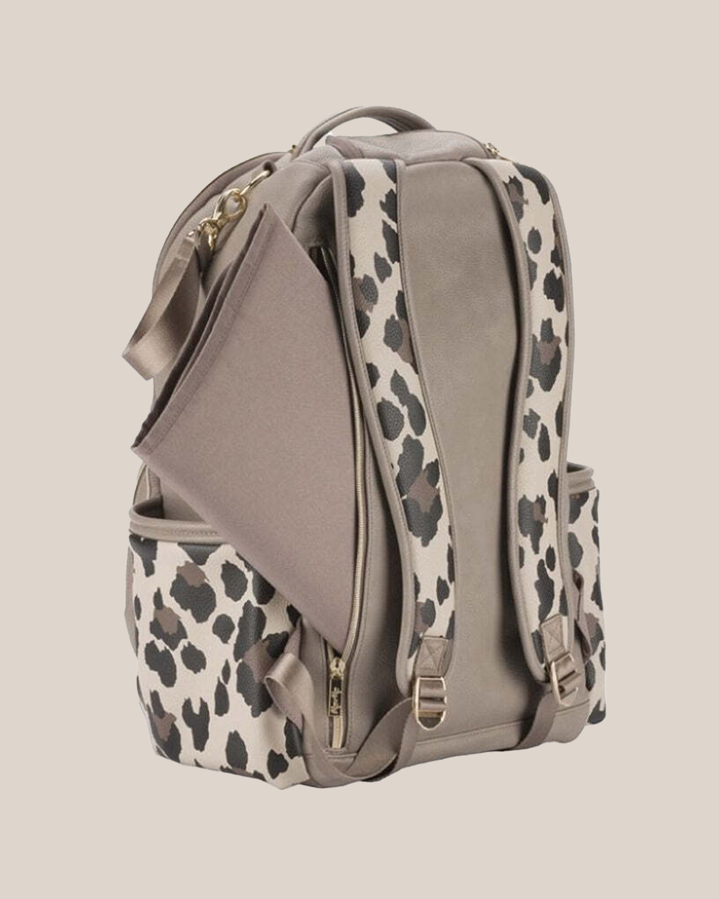 Back view of the Itzy Ritzy - Boss Plus™ Diaper Bag Backpack in Leopard, showing changing pad pocket