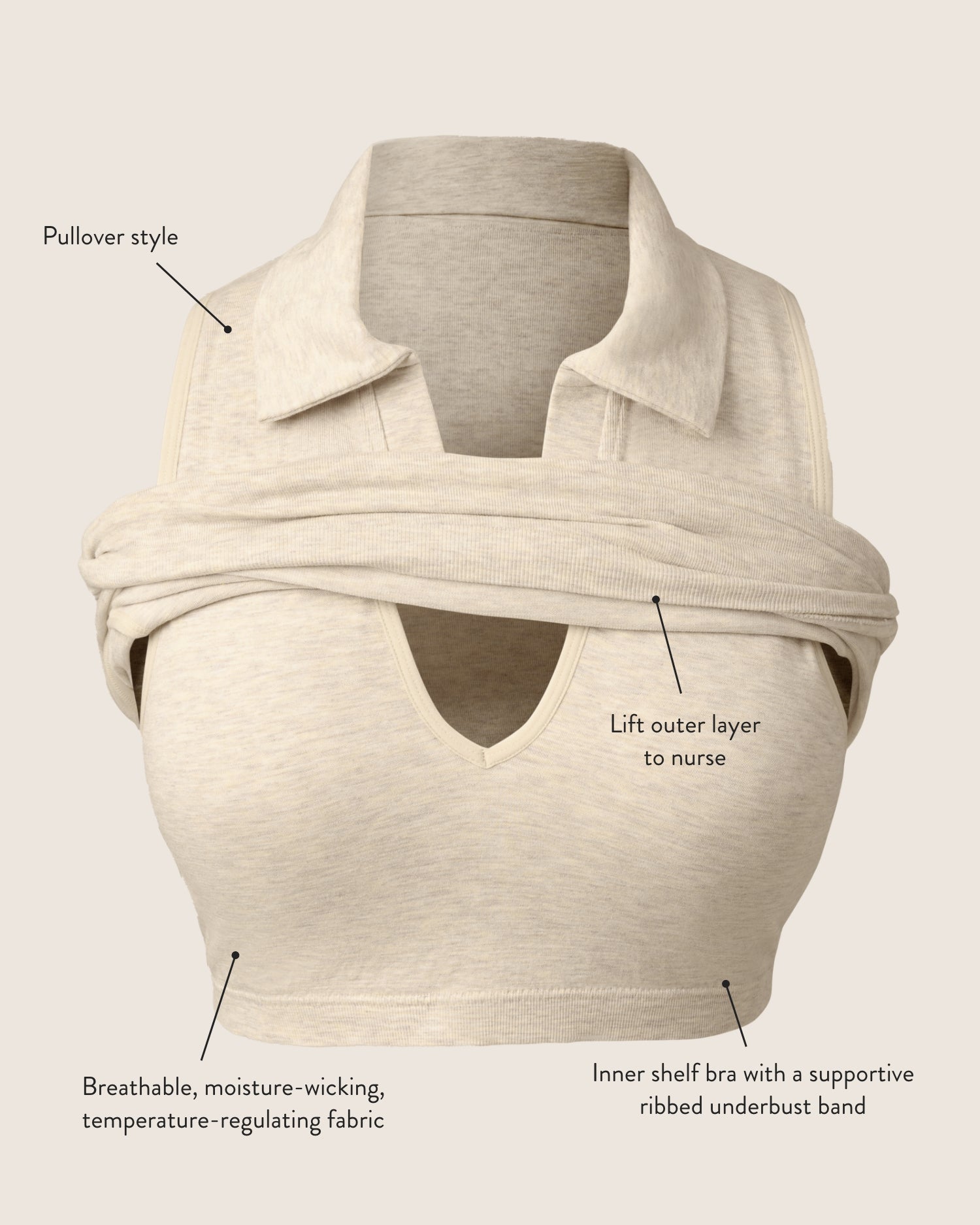 Product image of the Sublime® Bamboo Collared Maternity & Nursing Longline Bra Top in Oatmeal Heather, calling out features of the style