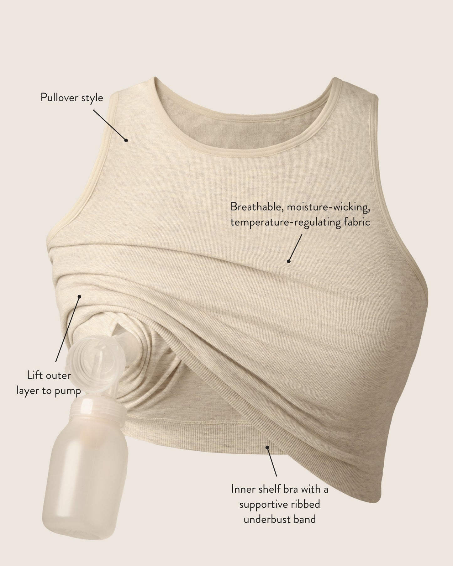 Product image of the Sublime® Bamboo Hands-Free Pumping Longline Bra Top in Oatmeal Heather, calling out features of the style