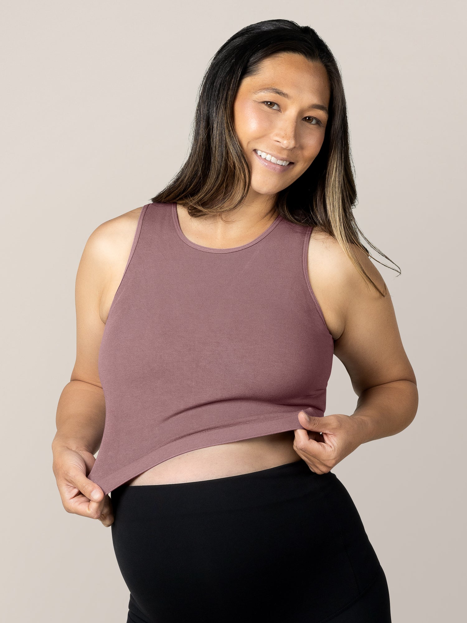 Front view of pregnant model wearing the Sublime® Bamboo Maternity & Nursing Longline Bra in Twilight, showing stretch of material. @model_info:Joy is wearing a Small Busty.