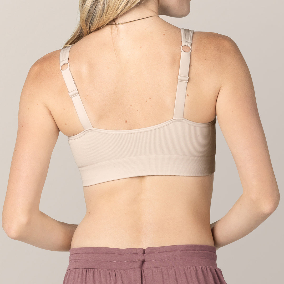 Close up back view of the Mia Maternity & Nursing Lounge Bra in Stone on model