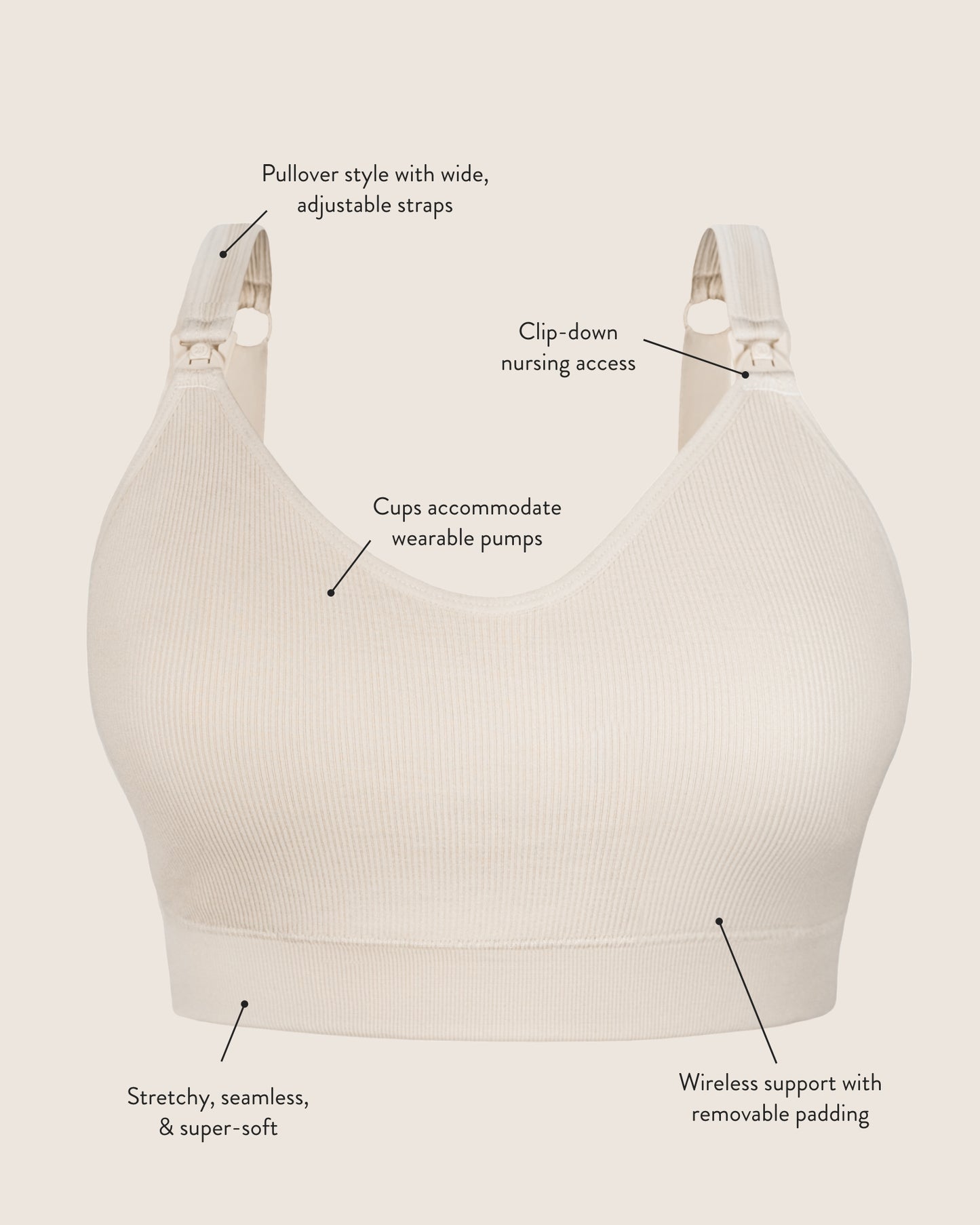 Image of the Mia Maternity & Nursing Lounge Bra with features of the item called out.