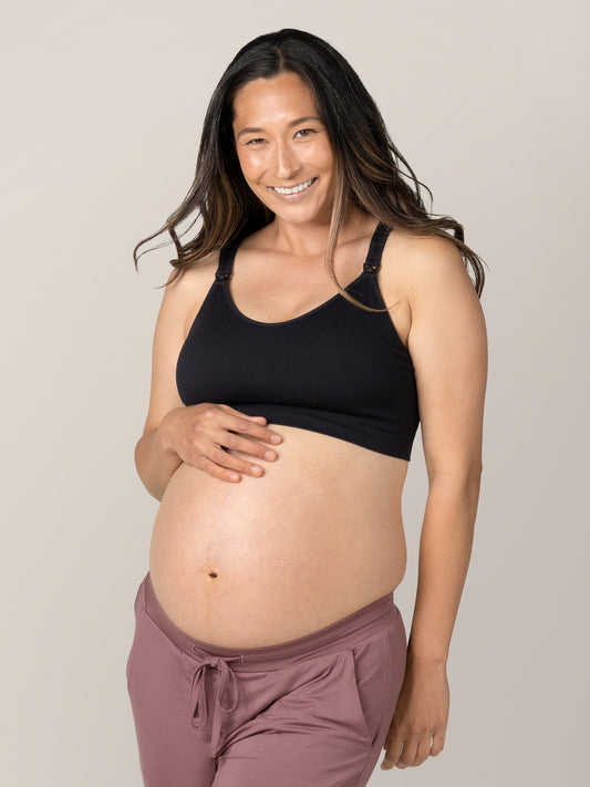 Model wearing the Mia Maternity & Nursing Lounge Bra in Black. @model_info:Joy is wearing a Small Busty.