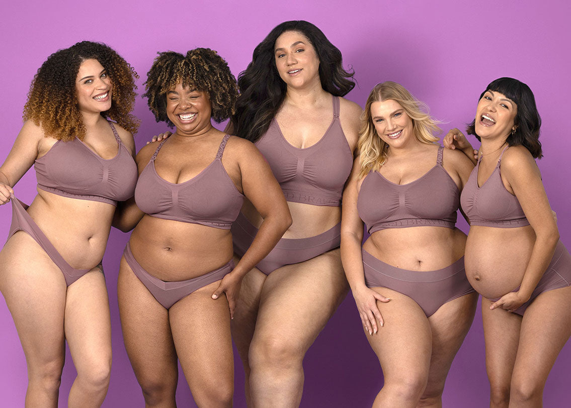 Five models wearing Kindred Bravely bras and underwear in Twilight