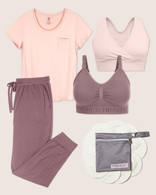 Flat lay image of the Simply Sublime Tank, Everyday Joggers, Everyday Maternity & Nursing T-shirt, French Terry Bra and Organic Bamboo Nursing Pads.