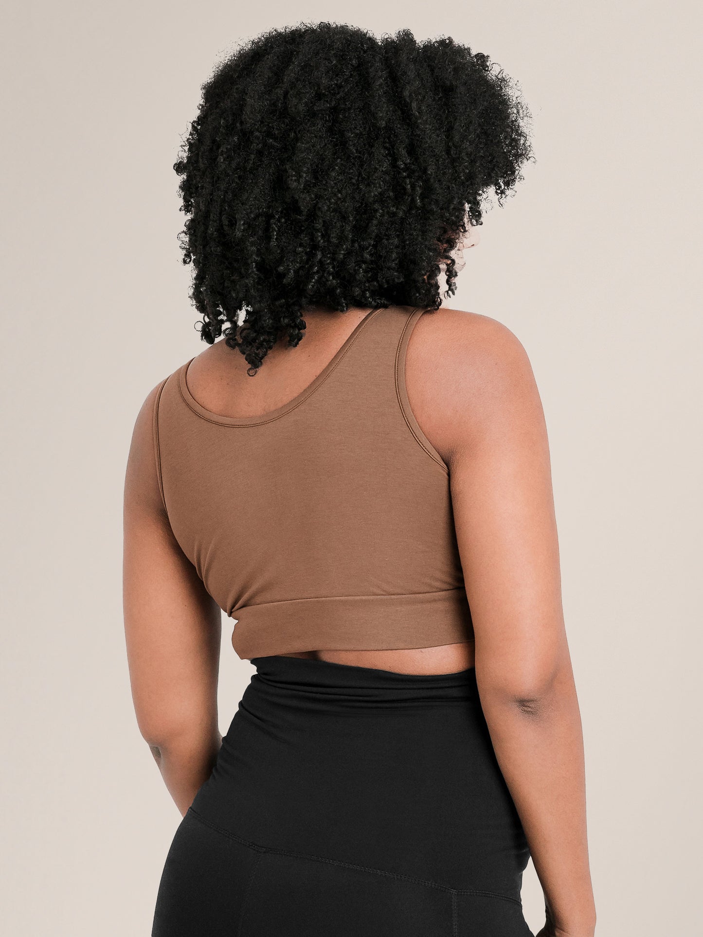 Back view of model wearing the Organic Cotton Sleep & Nursing Bra  in Mocha