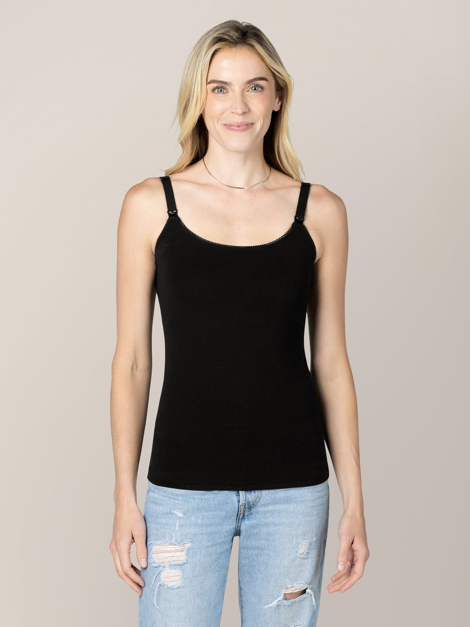 Front view of model wearing the Picot Trim Nursing Camisole in Black.