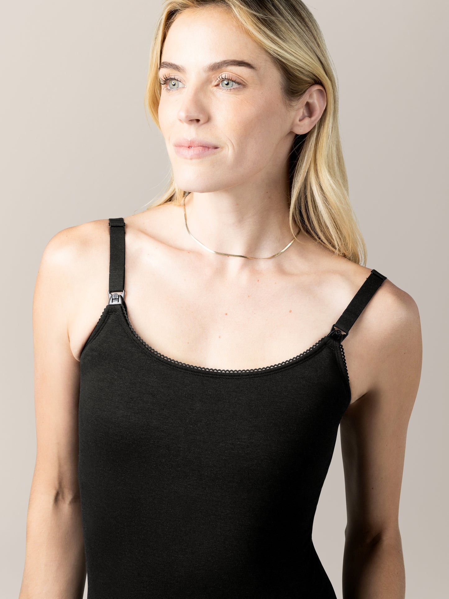 Close up of model wearing the Picot Trim Nursing Camisole in Black showing trim detail. @model_info:Mia is wearing a Small.