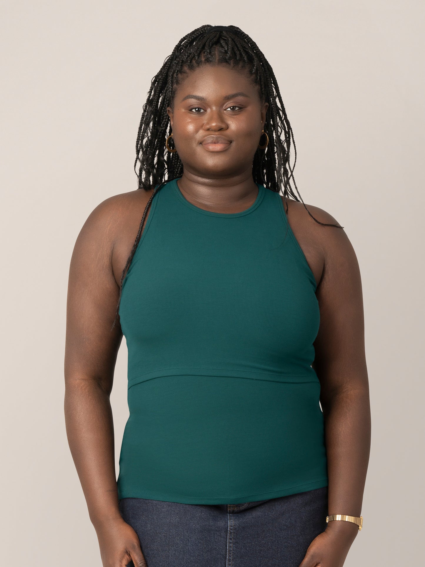 Front view of model wearing the Ribbed Bamboo Racerback Nursing Tank in evergreen