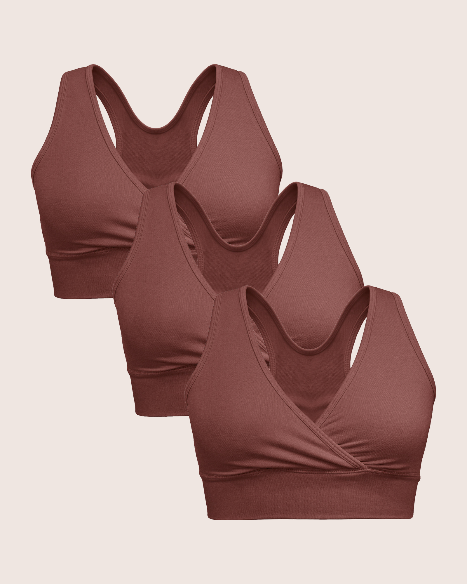 A Wash Wear Spare® French Terry Nursing Bra Pack in Redwood, showing three French Terry Nursing Bras in Redwood against a beige background