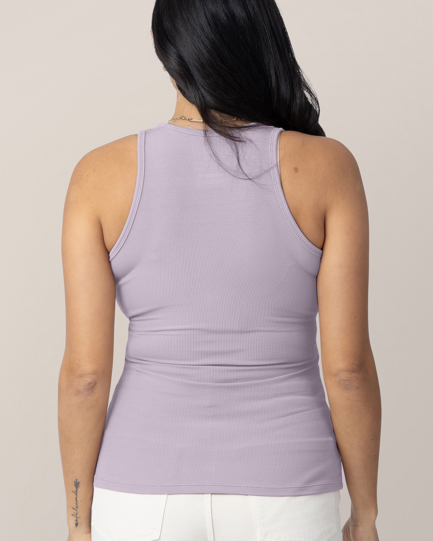 Back view of model wearing the Ribbed Bamboo Racerback Nursing Tank in Lavender Mist