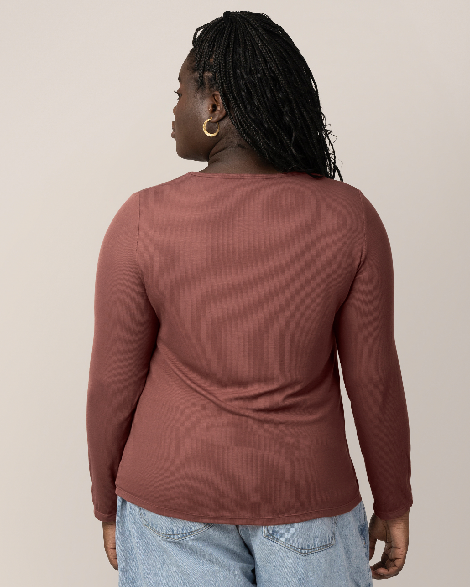 Back view of model wearing the Ribbed Bamboo Maternity & Nursing Long Sleeve T-shirt in Redwood