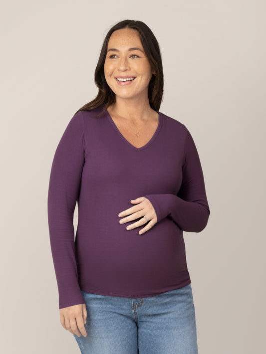 Front view of model wearing the Ribbed Bamboo Maternity & Nursing Long Sleeve T-shirt in Mulberry @model_info:Susanna is wearing a Small.