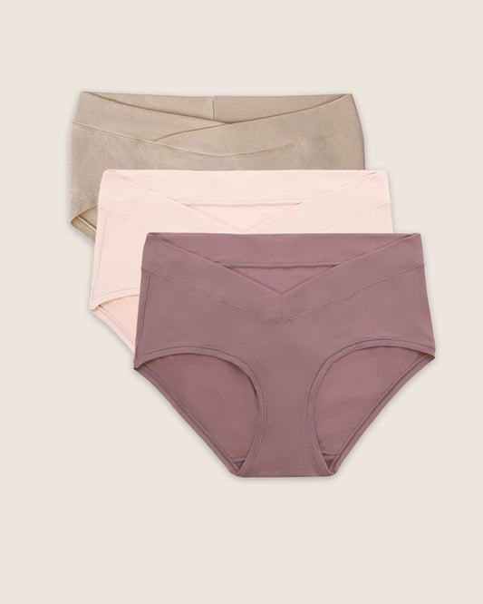 A collection of three hipster style underwear beige, soft pink, and twilight