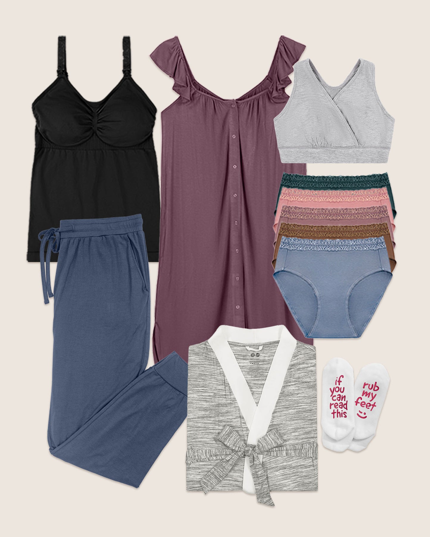 Styles included in the Ultimate Labor & Delivery Bundle - Simply Sublime Nursing Tank, Ruffle Labor & Delivery Gown in Burgundy Plum, French Terry Racerback Nursing Bra, Everyday Lounge Jogger in Slate Blue, High-Waisted Postpartum Underwear Pack, Emmaline Robe in Grey, and Labor & Delivery Socks