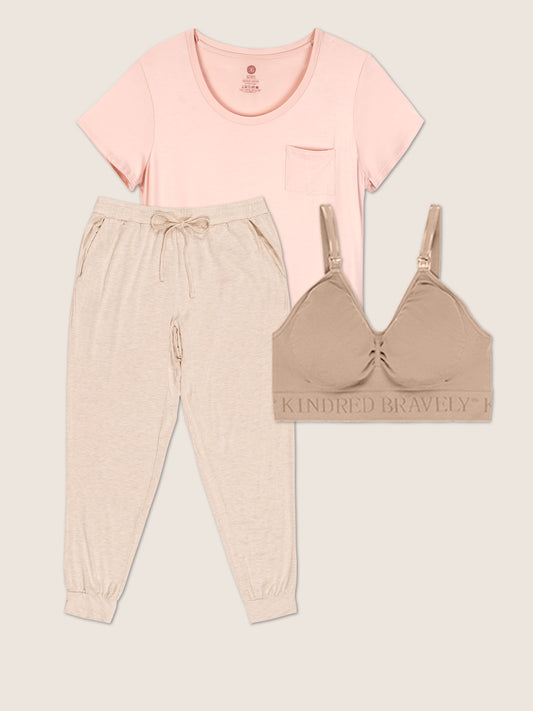 Product image showing the Everyday Maternity & Nursing T-shirt in Pink, the Everyday Lounge Jogger in Oatmeal Heather, and the Simply Sublime Nursing Bra in Beige