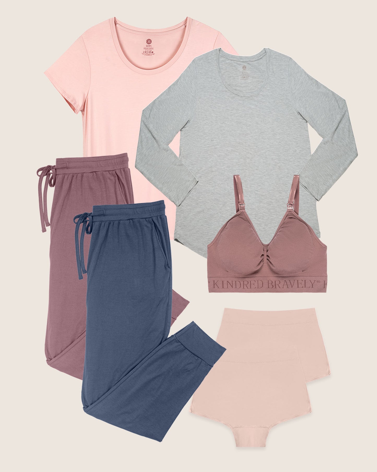 Styles included in the Nursing Mom Uniform Bundle, including the Everyday Maternity & Nursing T-shirt, Bamboo Maternity & Nursing Long Sleeve T-shirt, Everyday Lounge Jogger, Simply Sublime Nursing Bra, and Grow With Me Underwear