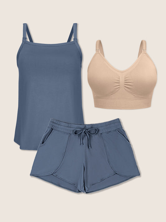 Product image showing the Lounge Around Nursing Tank and coordinating Bamboo Lounge Short in Slate Blue, and also showing the Simple Sublime Nursing Bra in Beige