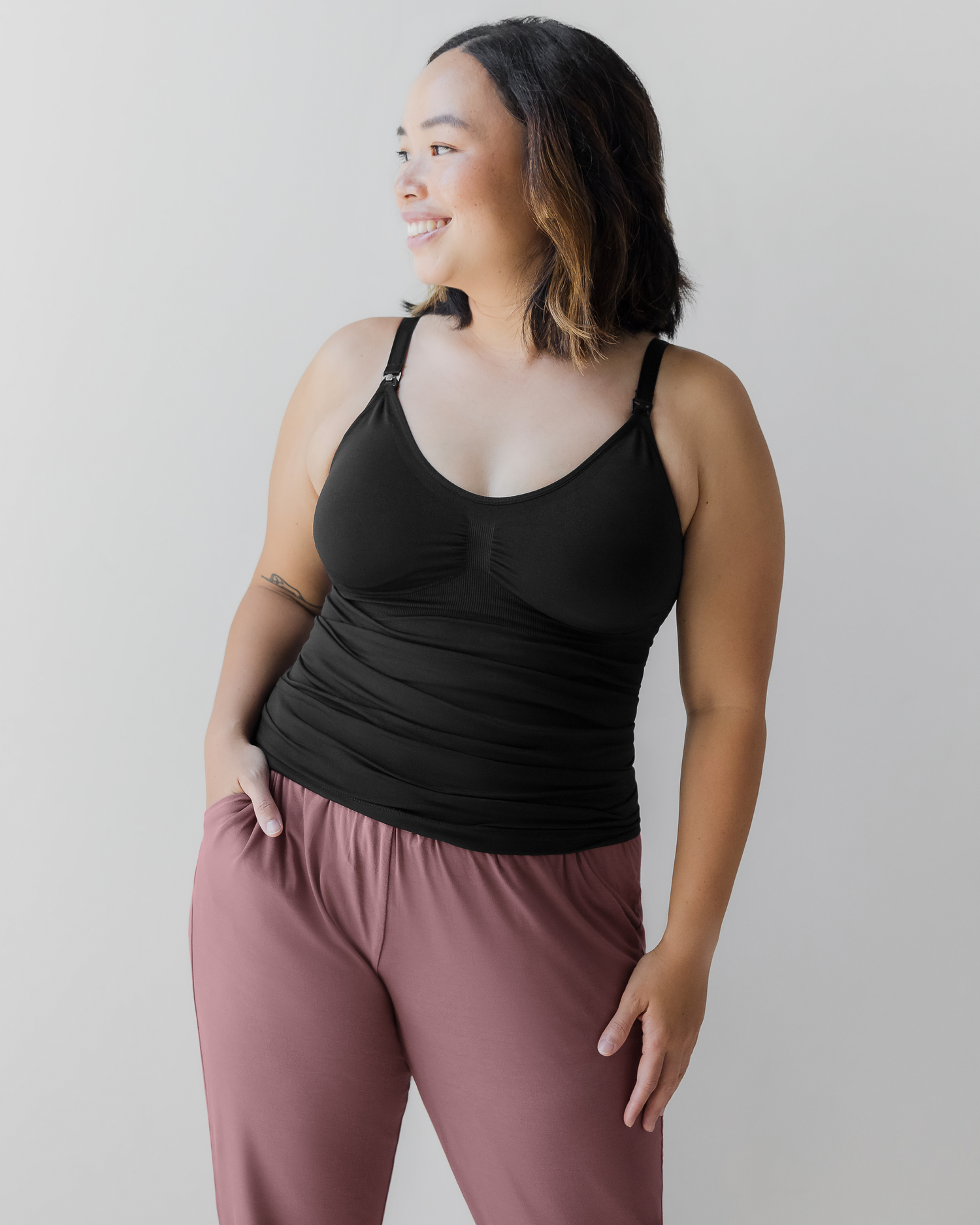 Model wearing the Simply Sublime Nursing Tank, paired with the Everyday Lounge Jogger in Twilight