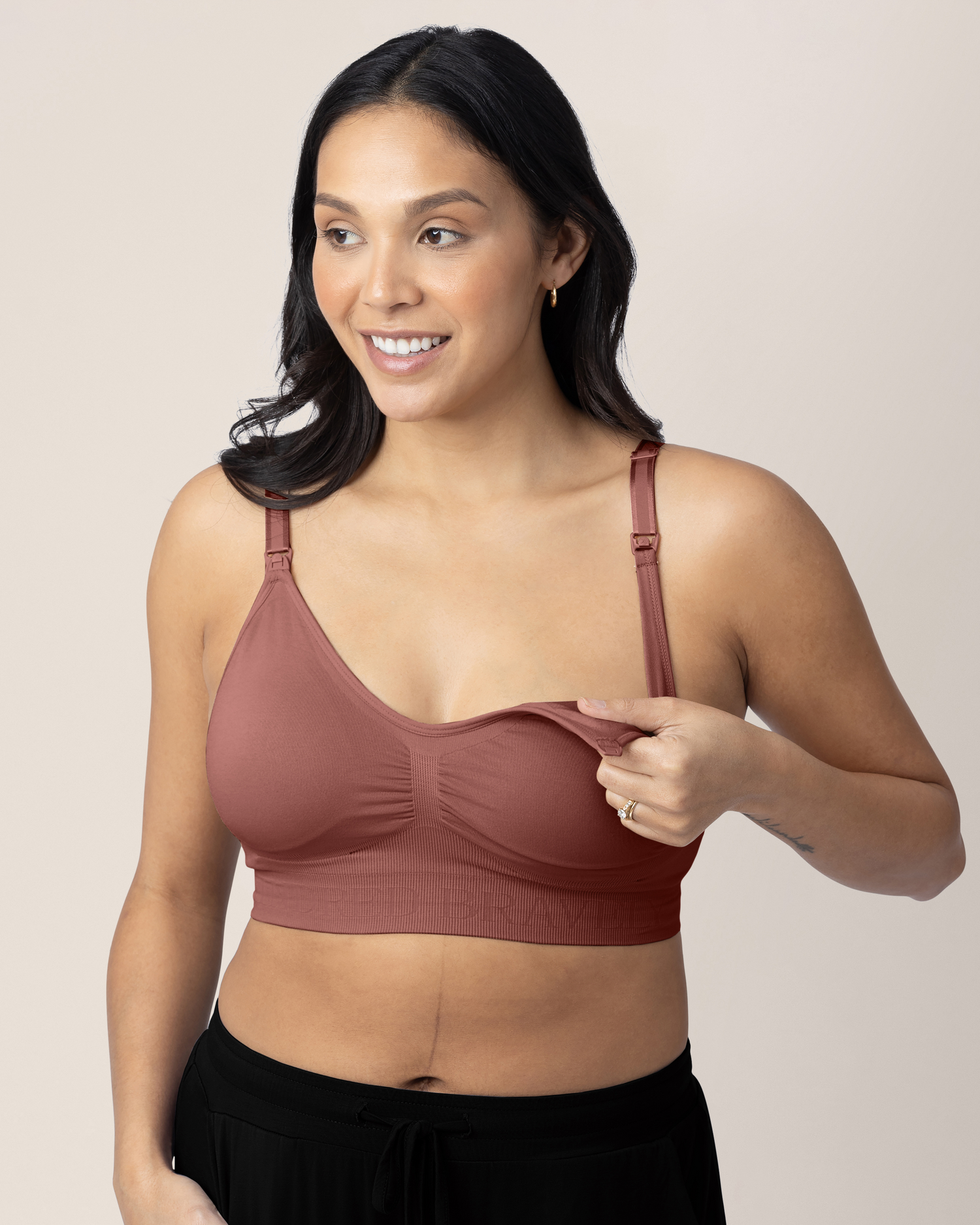 Model showing the clip down nursing access on the Simply Sublime® Nursing Bra in Redwood