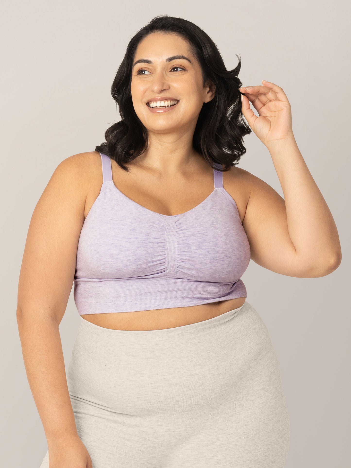 Front view of model wearing the Sublime® Bamboo Hands-Free Pumping Lounge & Sleep Bra in Lavender Heather in a busty fit.
