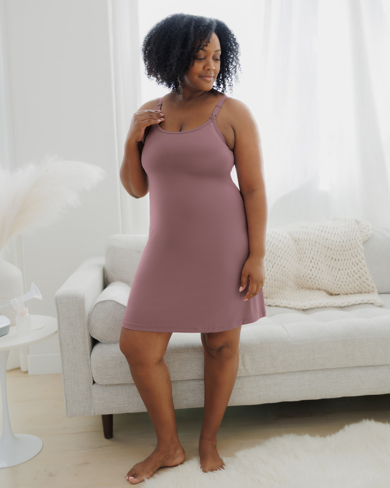 Front view of model wearing the Stella Hands-Free Pumping & Nursing Nightgown in Twilight @model_info:Roxanne is 5'8" and wearing a Large.