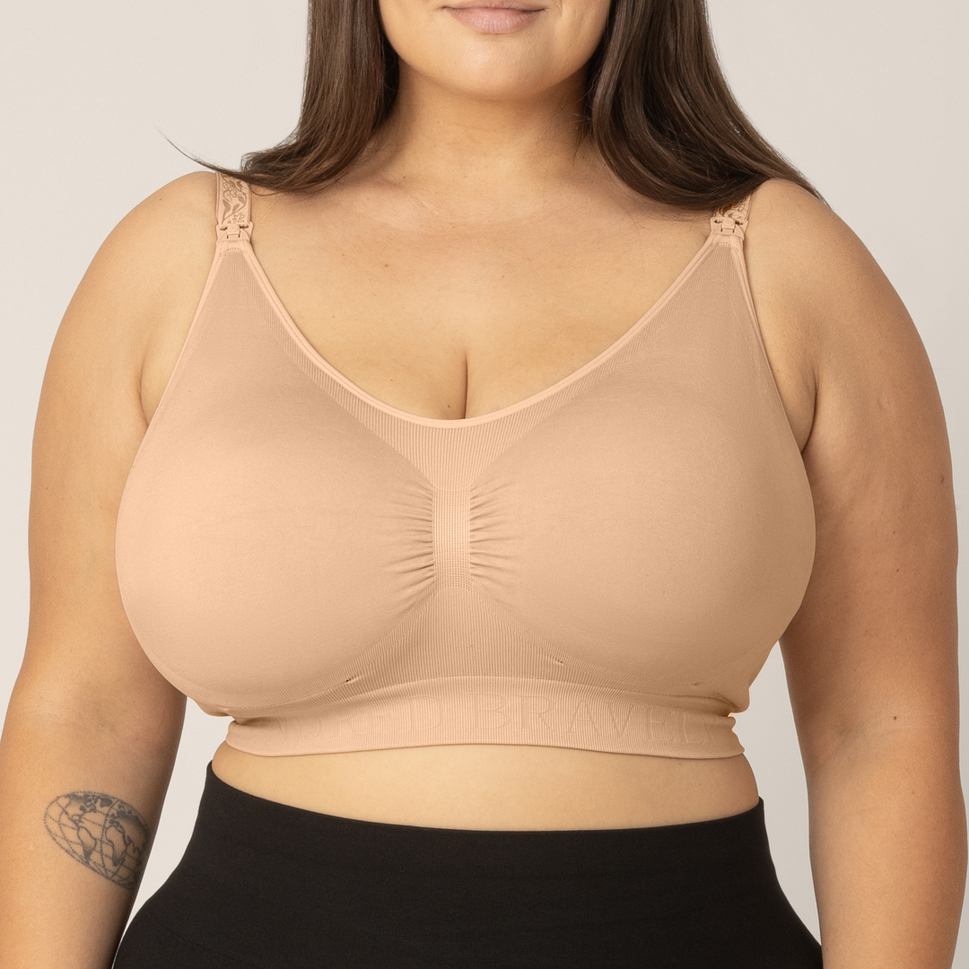 Zoomed in image of Super Busty model wearing the Sublime Nursing Bra in Beige. Front view. 