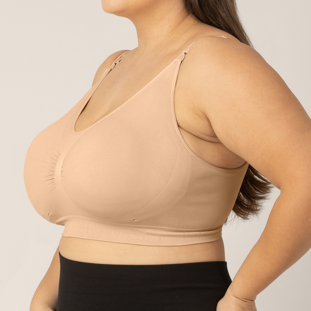 Side view of Zoomed in image of Super Busty model wearing the Sublime Nursing Bra in Beige.