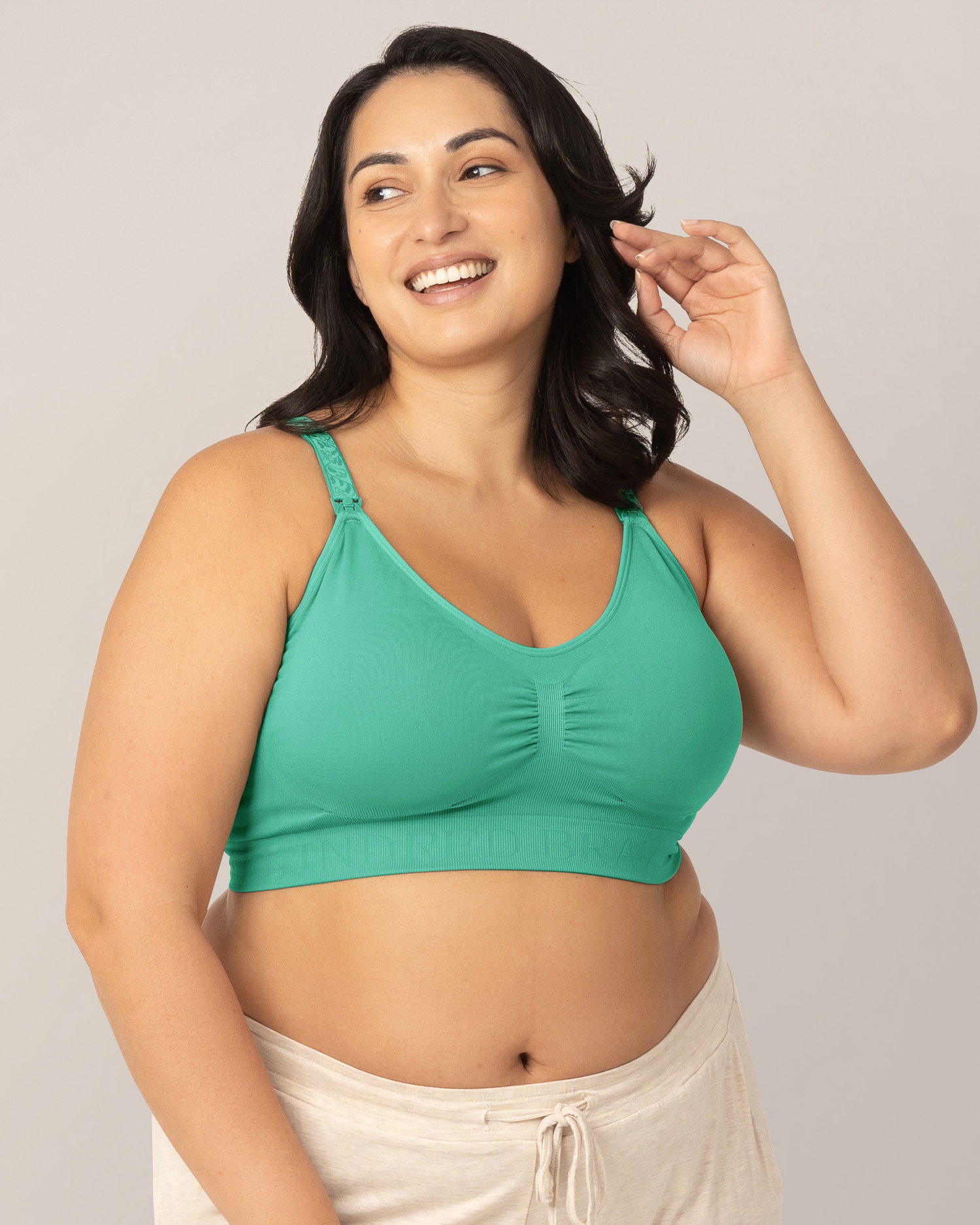 Front view of model wearing the Simply Sublime® Nursing Bra in Seafoam