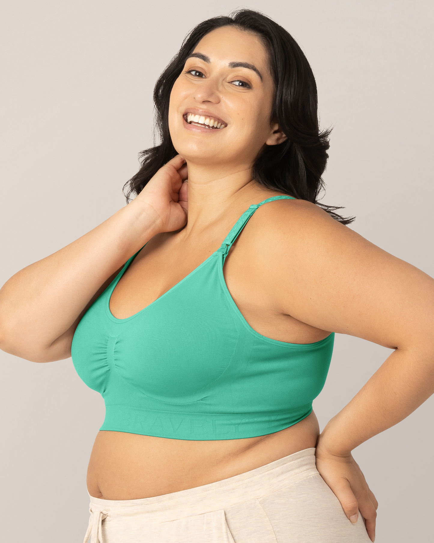 Side view of model wearing the Simply Sublime® Nursing Bra in Seafoam @model_info:Connie is wearing an X-Large Busty.