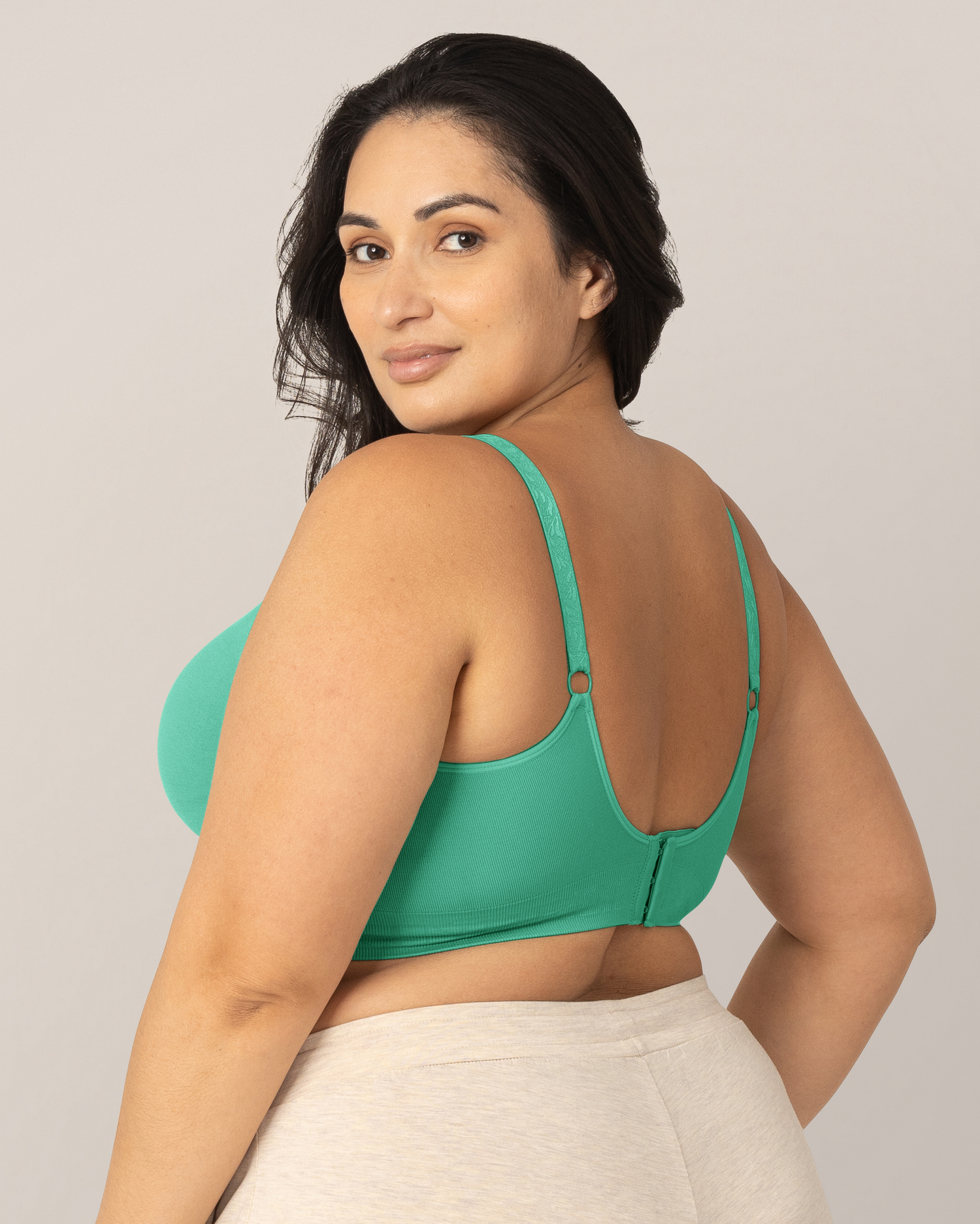 Back view of model wearing the Simply Sublime® Nursing Bra in Seafoam