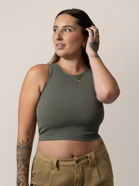 Front view of model wearing the Sublime® Bamboo Maternity & Nursing Longline Bra in Olive Heather. @model_info:Anna is wearing a Small.