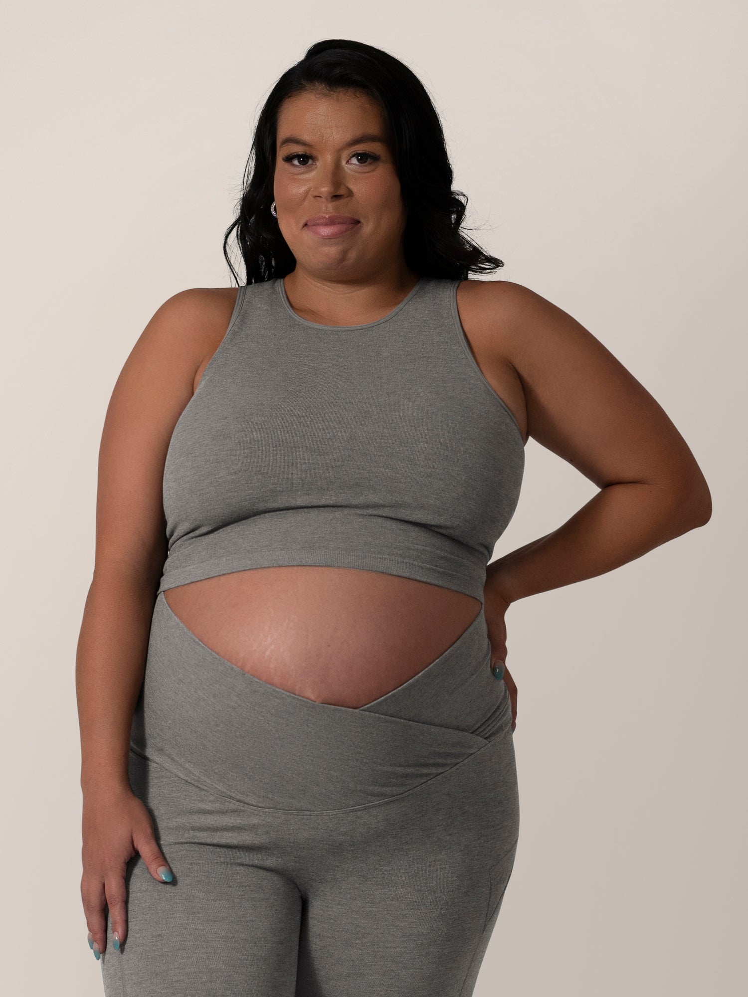 Front view of model wearing the Sublime® Bamboo Maternity & Nursing Longline Bra in Charcoal 