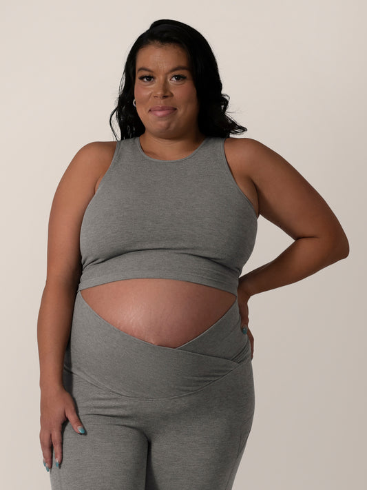 Front view of model wearing the Sublime® Bamboo Maternity & Nursing Longline Bra in Charcoal 