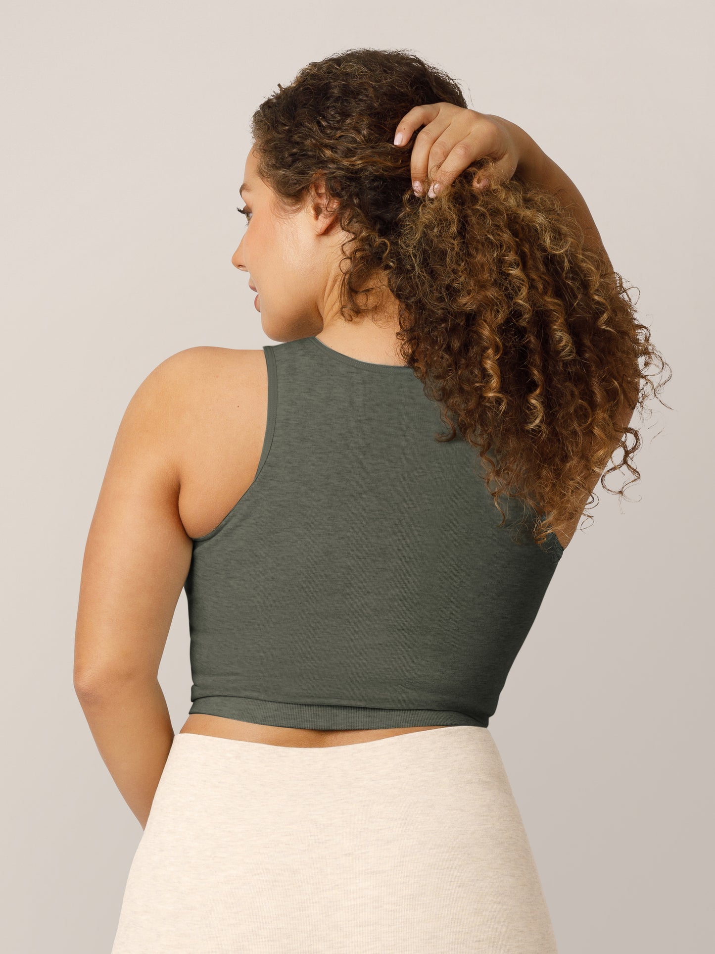 Back view of model wearing the Sublime® Bamboo Maternity & Nursing Longline Bra in Olive Heather