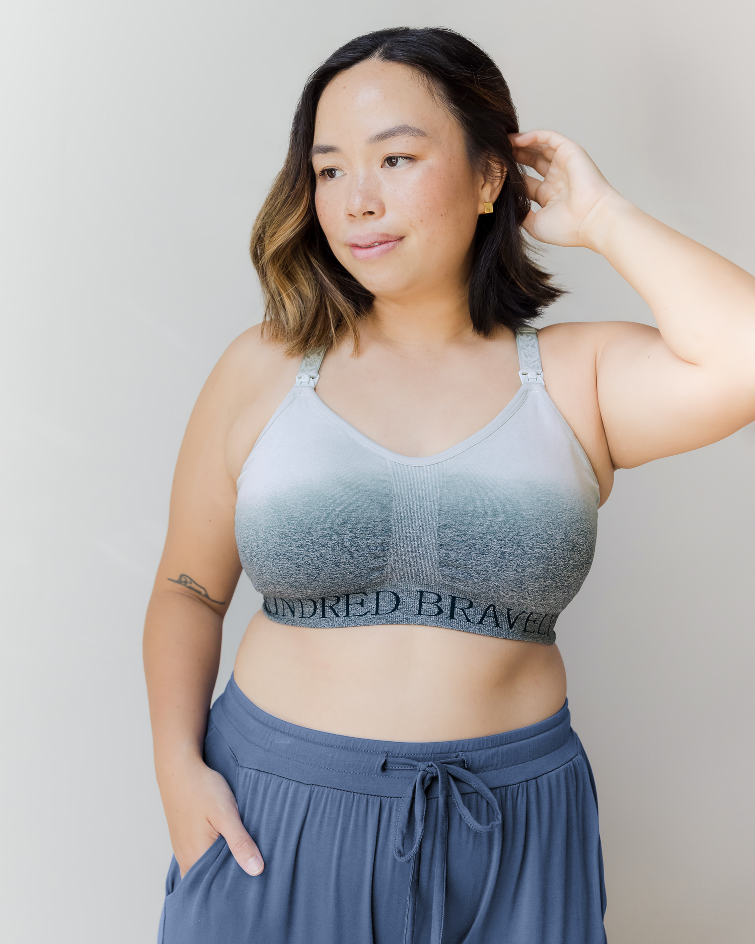 Model wearing the Sublime® Nursing Sports Bra in Ombre Storm