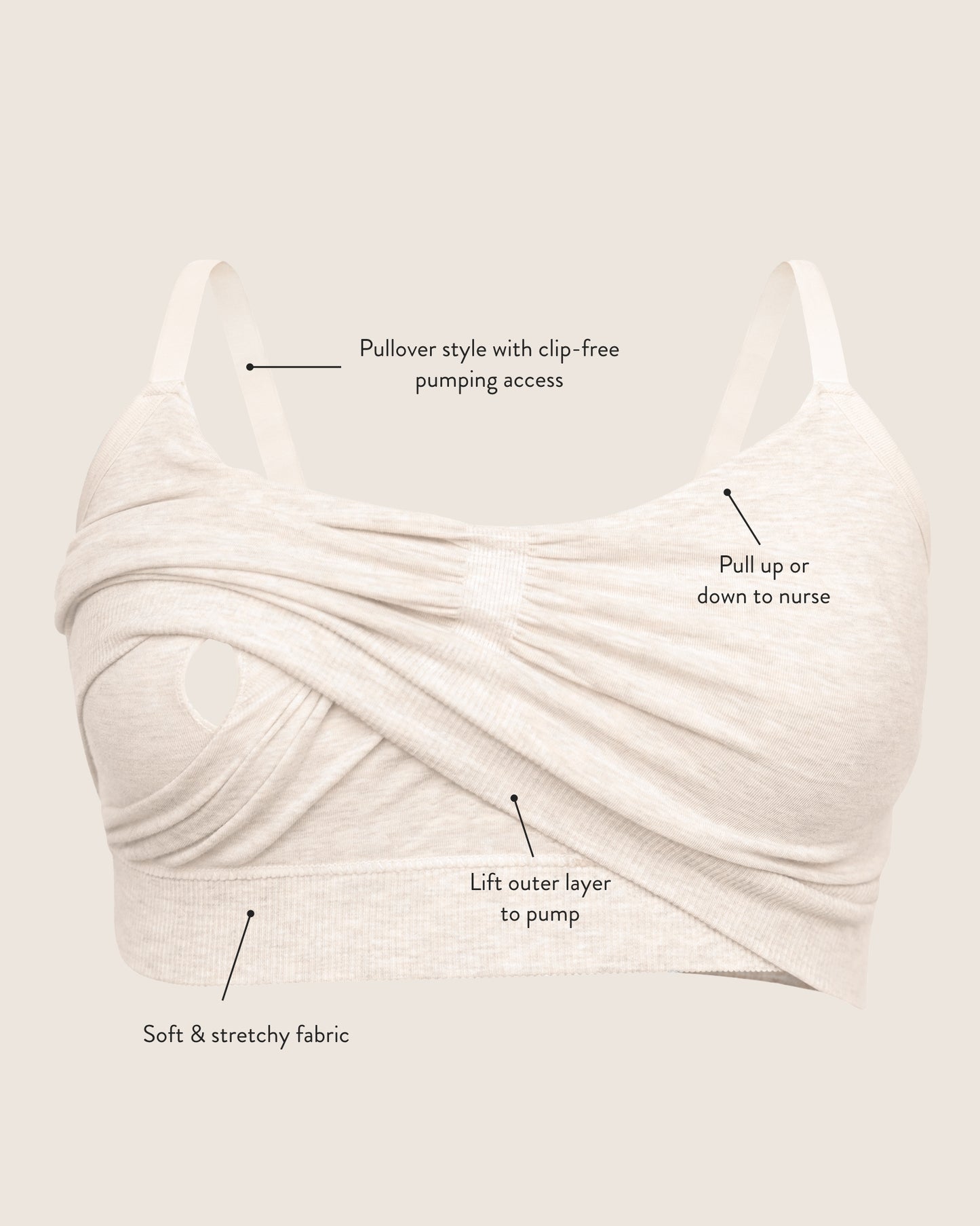 Infographic of Sublime® Bamboo Hands-Free Pumping Lounge & Sleep Bra in Oatmeal Heather, pointing out features of bra