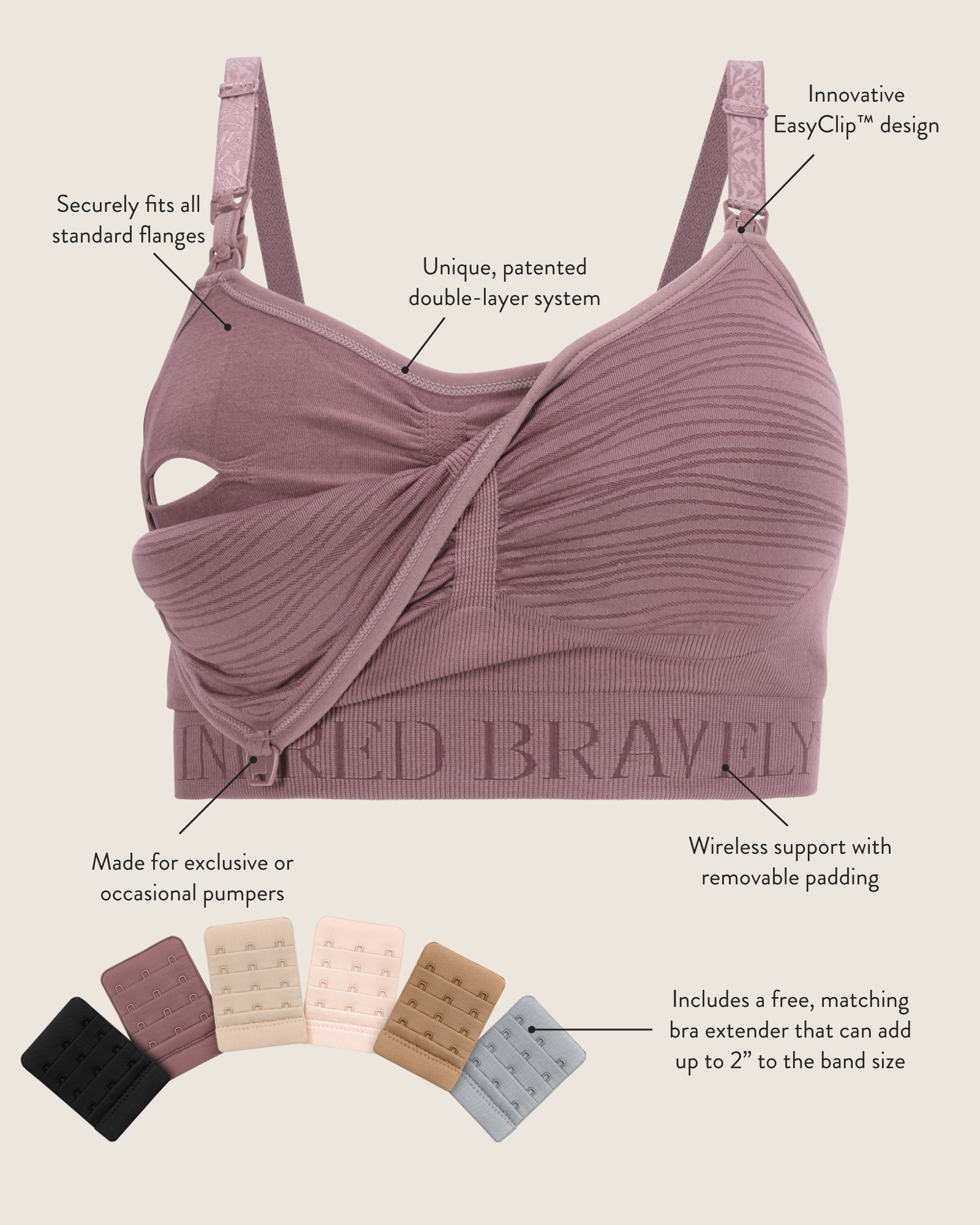Product image of the Sublime® Hands-Free Pumping & Nursing Bra, with featured called out and image of bra extenders.
