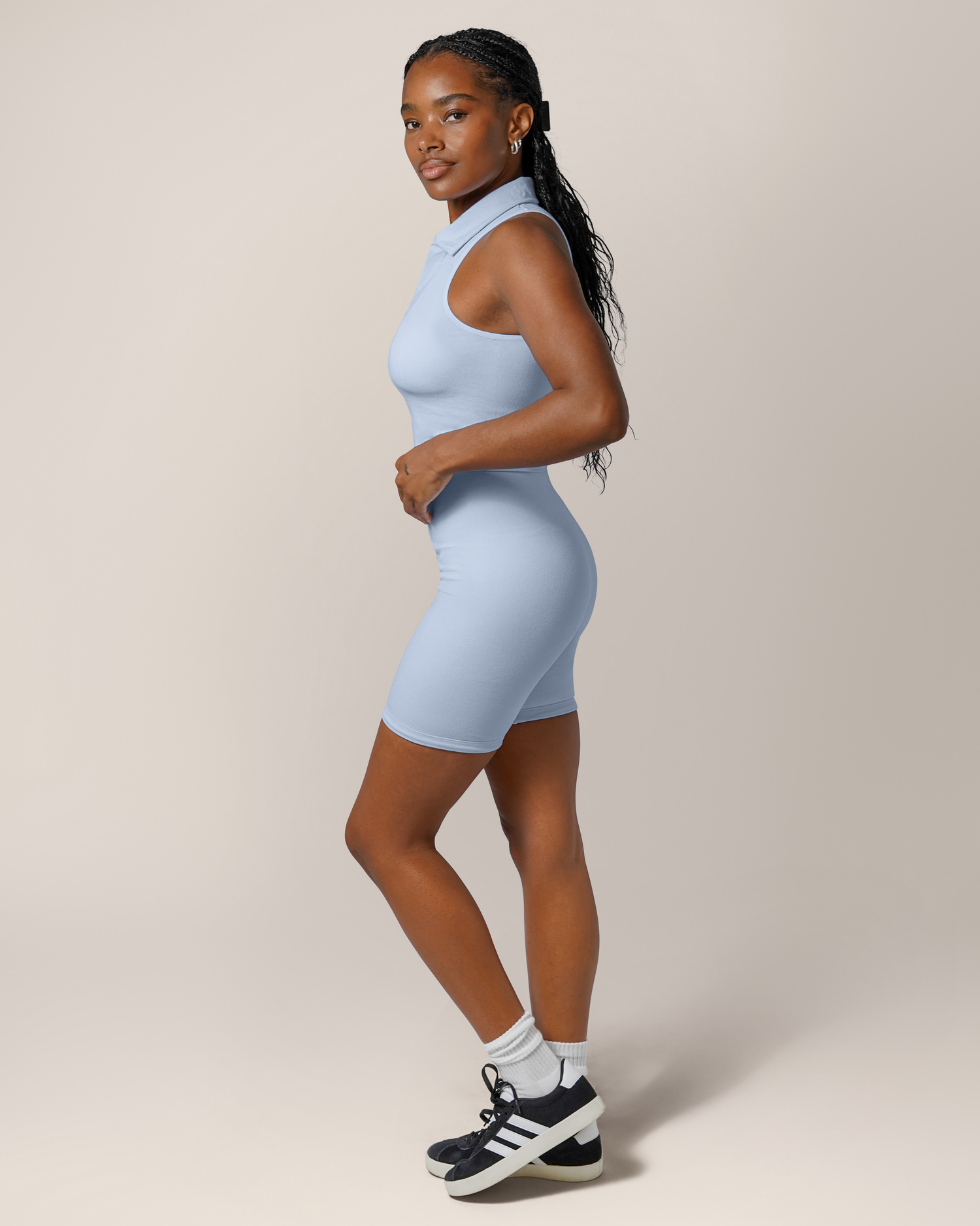 Side view of model wearing the Sublime® Bamboo Maternity & Postpartum Bike Short in French Blue, paired with matching Sublime® Bamboo Collared Maternity & Nursing Longline Bra Top @model_info:Josie is wearing a Small.