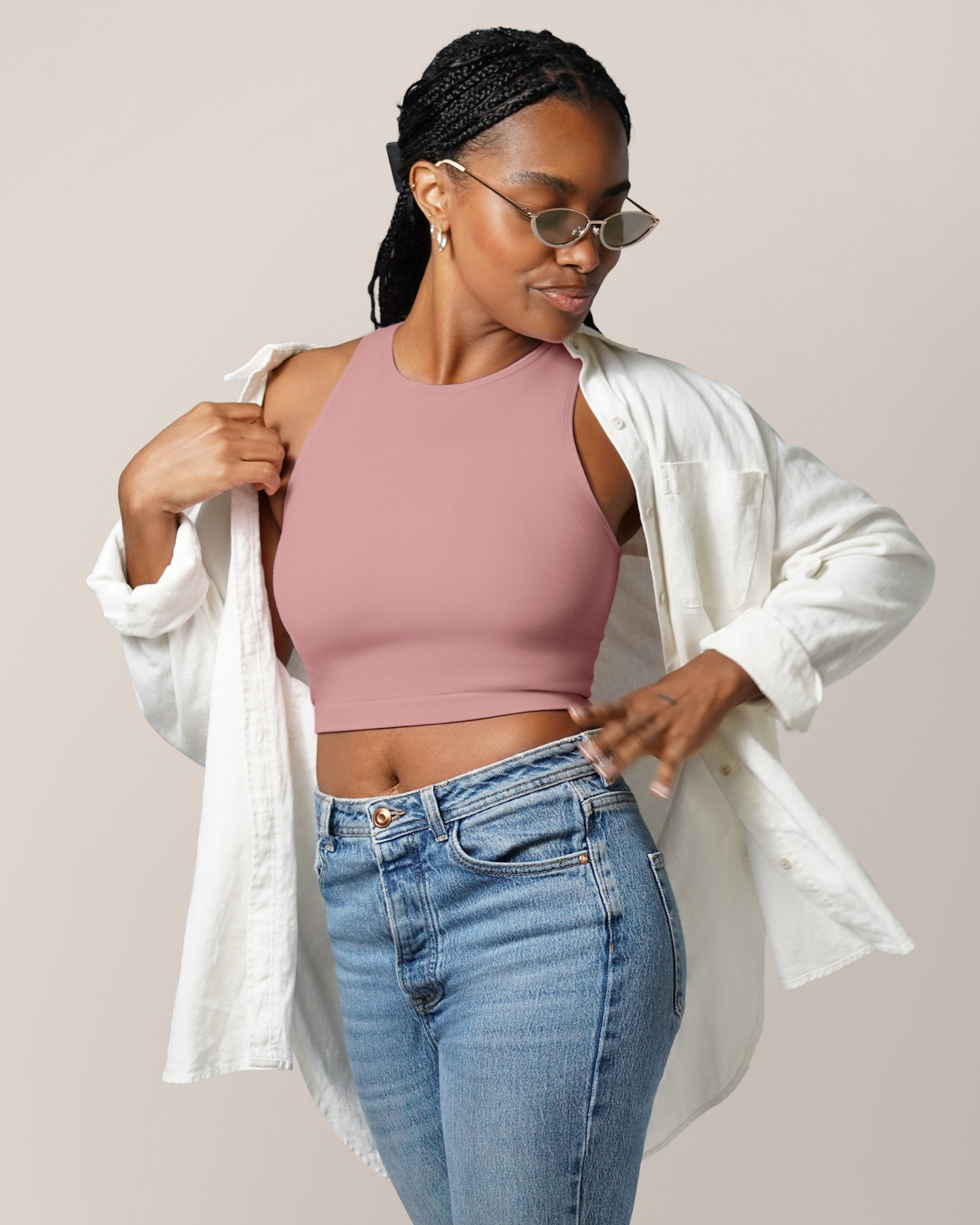 Model wearing the Sublime® Bamboo Hands-Free Pumping Longline Bra Top in Light Mauve, paired with open button-down shirt and jeans @model_info:Josie is wearing a Small Busty