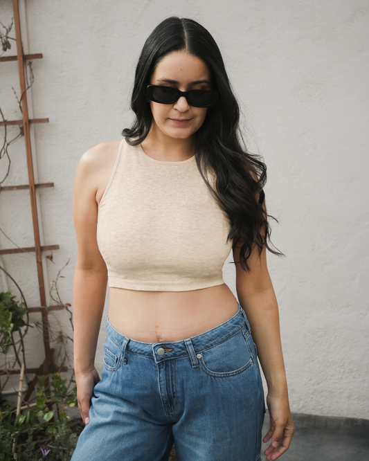 Front view of model wearing the Sublime® Bamboo Hands-Free Pumping Longline Bra Top in Oatmeal Heather, 
@model_info:Dama is wearing a Medium Busty.