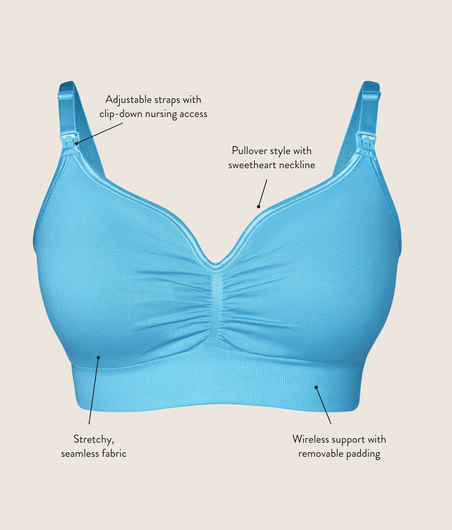 Product image of the Tatum Seamless Maternity & Nursing Bralette, with feature callouts