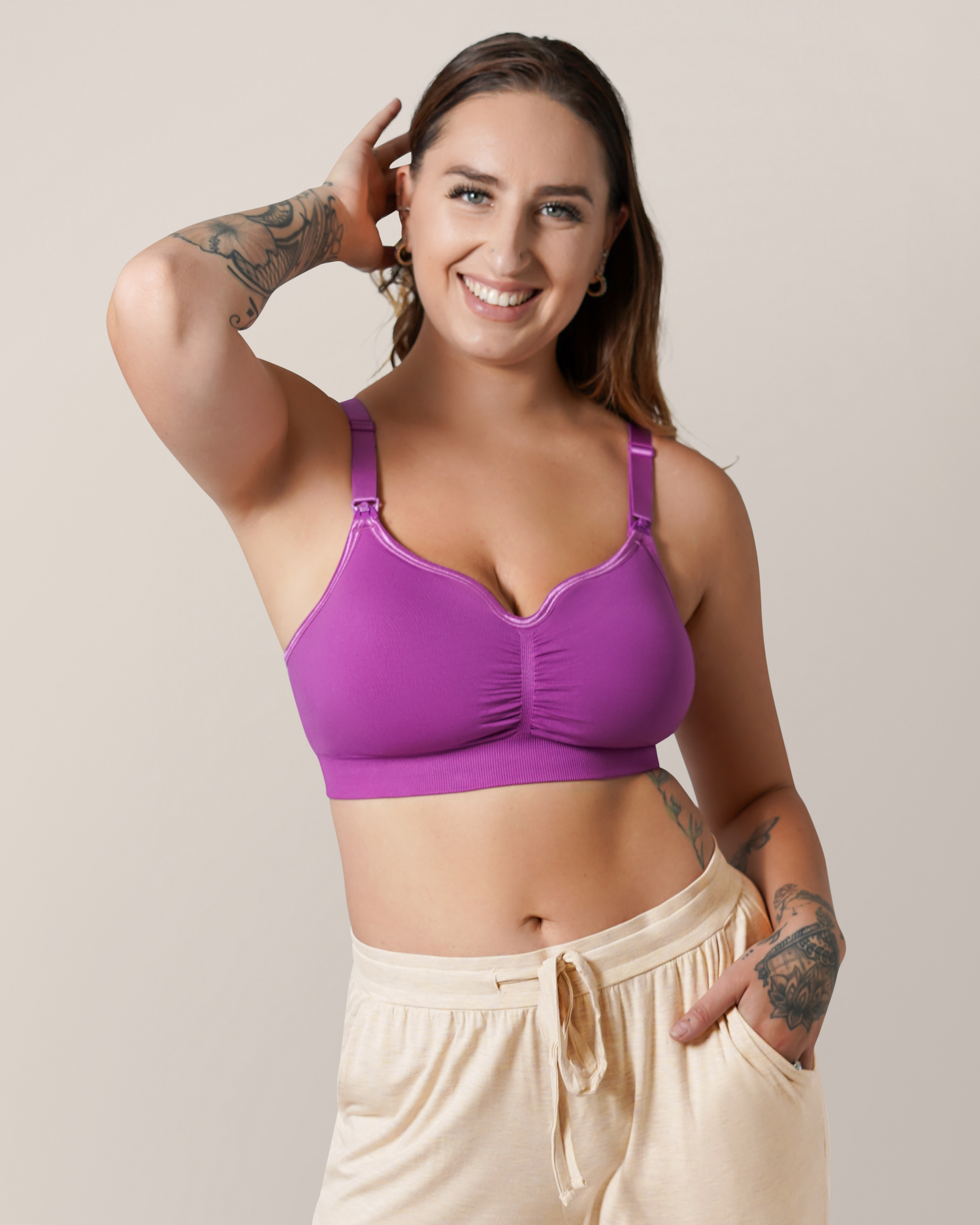 Front view of model wearing the Tatum Seamless Maternity & Nursing Bralette in Orchid, paired with Everyday Lounge Jogger in Oatmeal Heather. @model_info:Anna is wearing a Small Busty.