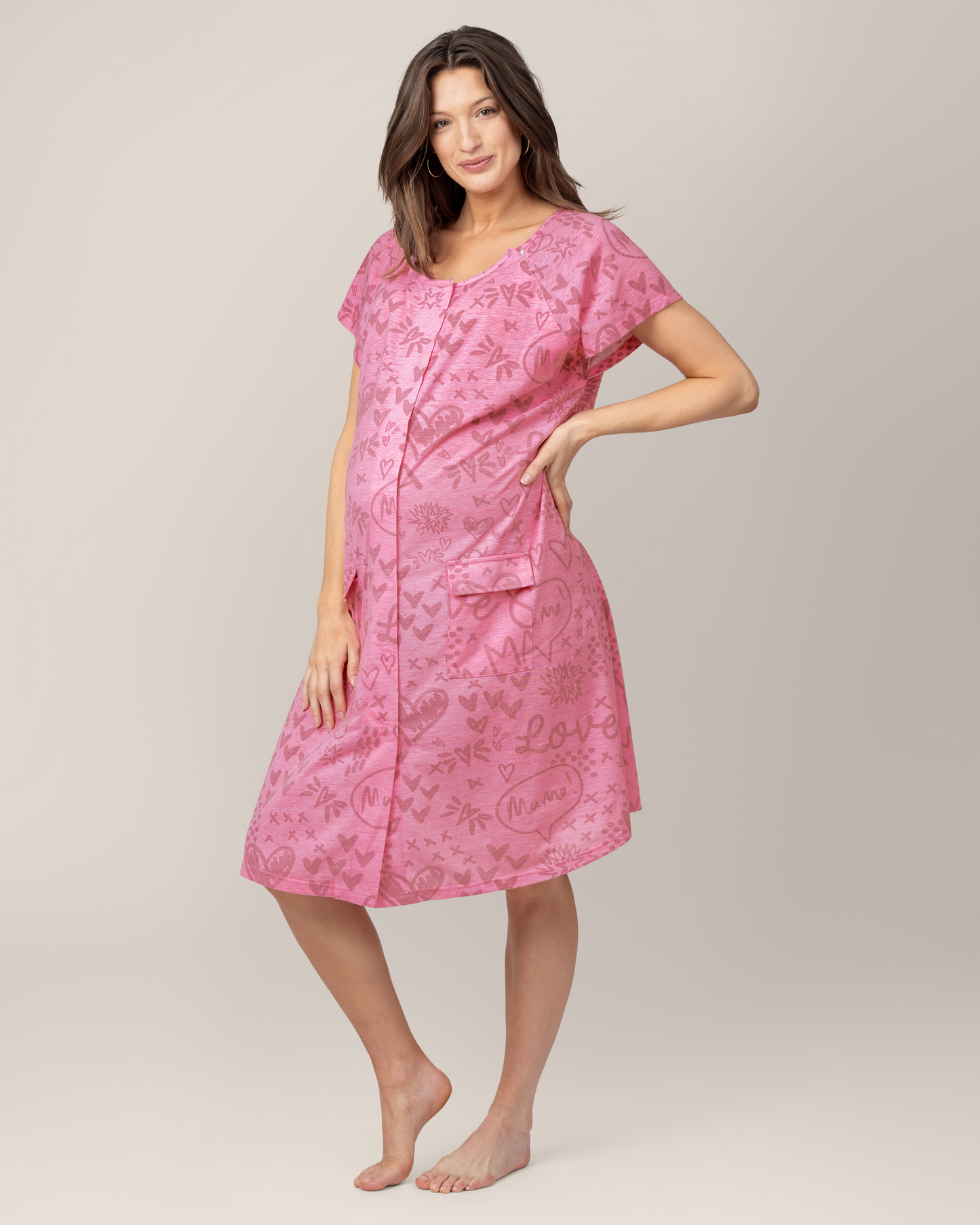 Front view of model wearing Universal Labor & Delivery Gown in Love Notes 